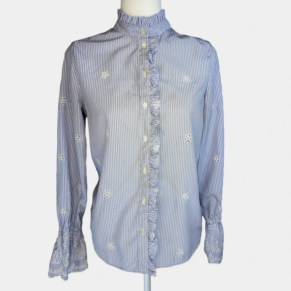 Blue & White Striped Blouse Embroidered Eyelet Bell Sleeve Button Up size XS - Picture 1 of 13